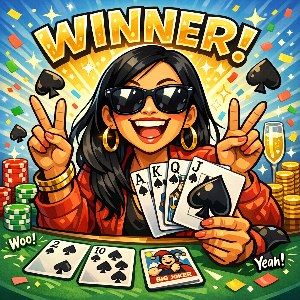 Charlie holding the ace of spades with a confident smirk while Mason stands behind her at the card table