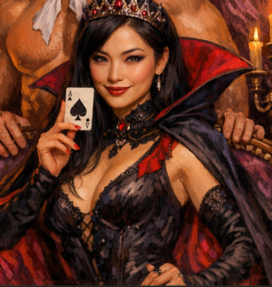 Charlie, the undisputed spades queen, with a knowing smile